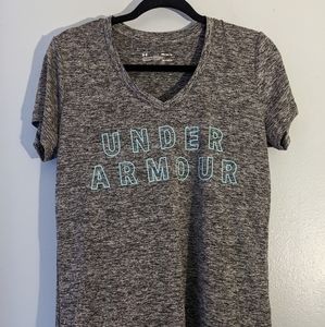 Under Armour, Medium, Gray, Teal Letters, V-neck, Loose Fit, Heatgear T-Shirt